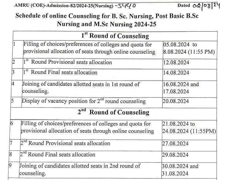 AMRU Nursing Counselling Schedule 2024