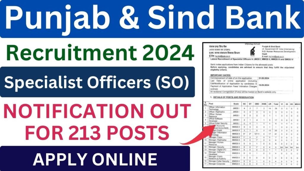 Punjab & Sind Bank SO Recruitment 2024 Notification out for 213 Vacancies